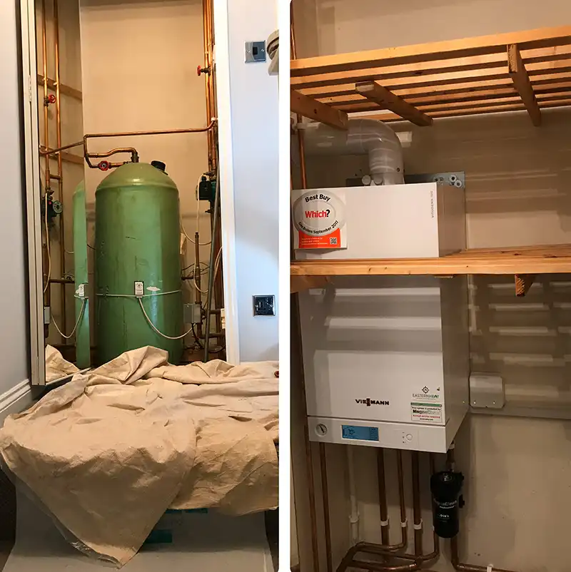 Cylinder to combination boiler installation with storage slats refitted