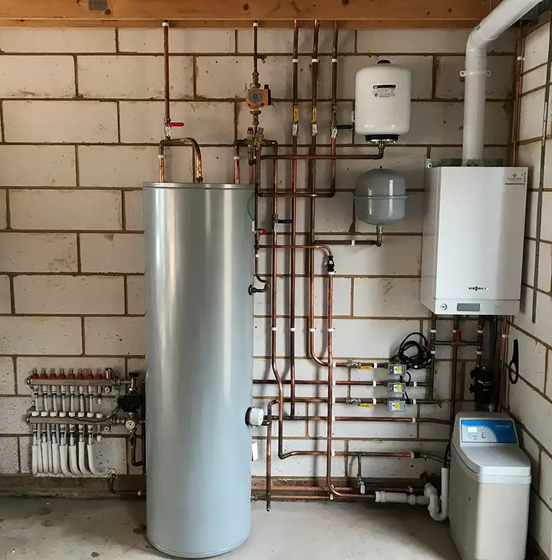 Boiler, cylinder, underfloor heating, radiators and water softener full installation